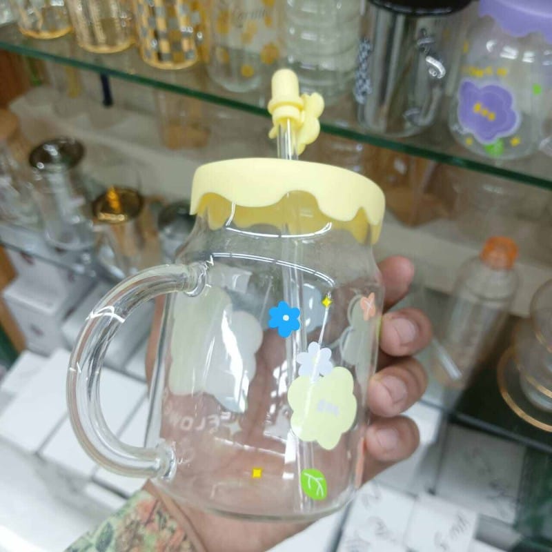 Picture of Multi-Color Borosilicate Glass Juice Mug | 400ml Printed Jar with Handle | Glass Straw & Silicone Cap | Scratch & Heat Resistant-Yellow
