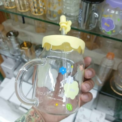 Picture of Multi-Color Borosilicate Glass Juice Mug | 400ml Printed Jar with Handle | Glass Straw & Silicone Cap | Scratch & Heat Resistant-Yellow