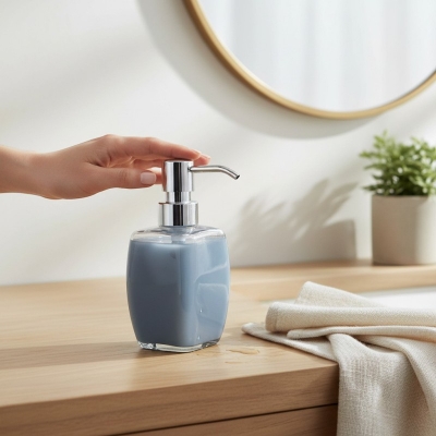 Picture of Vibrant multicolor square acrylic soap dispenser featuring a premium chrome-finish pump mechanism perfect for enhancing your bathroom vanity decor or modern kitchen sink countertop with a stylish and contemporary touch of color.-Multicolor