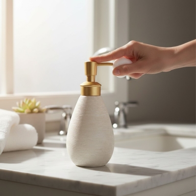Picture of Elegant white ribbed ceramic soap dispenser featuring a premium gold-toned pump mechanism perfect for enhancing your bathroom vanity decor or modern kitchen sink countertop with a sophisticated and timeless touch of style.-Multicolor
