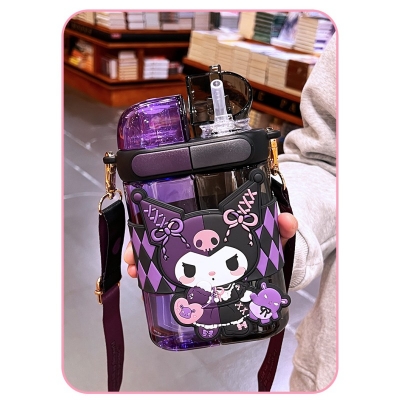 Picture of Hello Kitty Double Drink Plastic Water Cup Large 680ml Cartoon Square Straw Cup for Kids Cute Kawaii Style Durable Food Grade Material Portable Travel Water Bottle Birthday Gift Random Color-purple