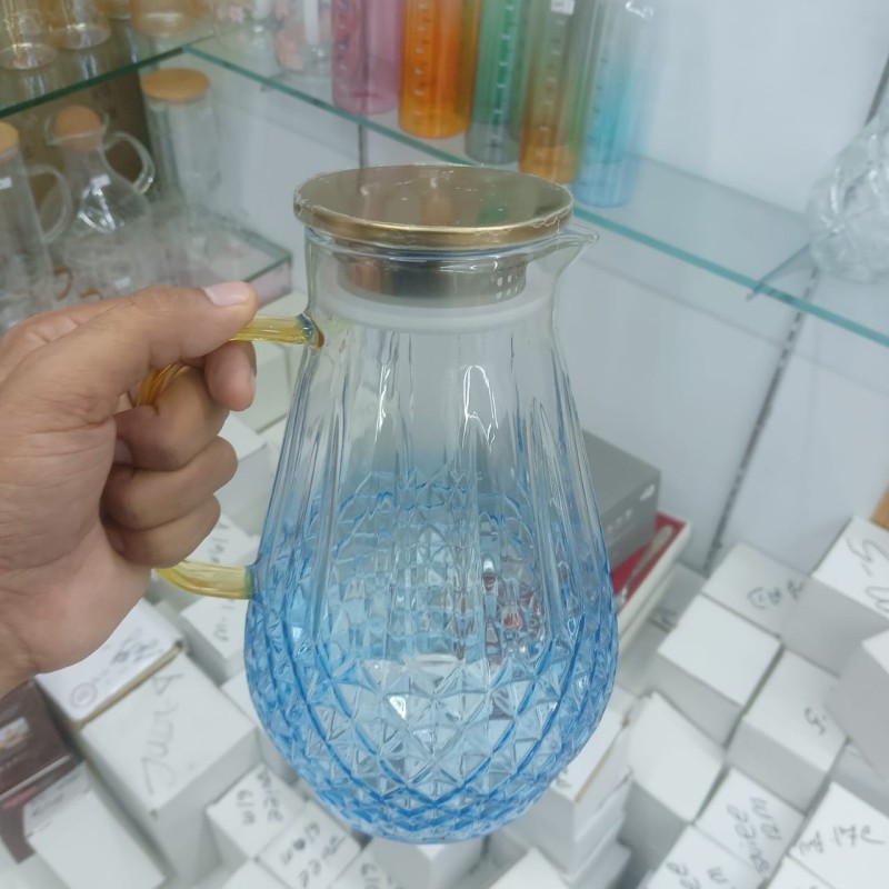 Picture of Direct Fire Compatible Borosilicate Glass Teapot, Rustic Steel Lid Cold-Hammered Jug for Drinks, Lightweight 10g, 20x20 cm-Blue-blue