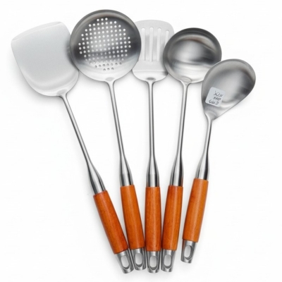 Picture of Premium 304 Stainless Steel Kitchen Utensil Set with Ergonomic Rosewood Handles for Professional Cooking Including Long Wok Spatula Soup Ladle Slotted Turner and Skimmer Spoon for Daily Home Kitchen Use Today.-Multicolor