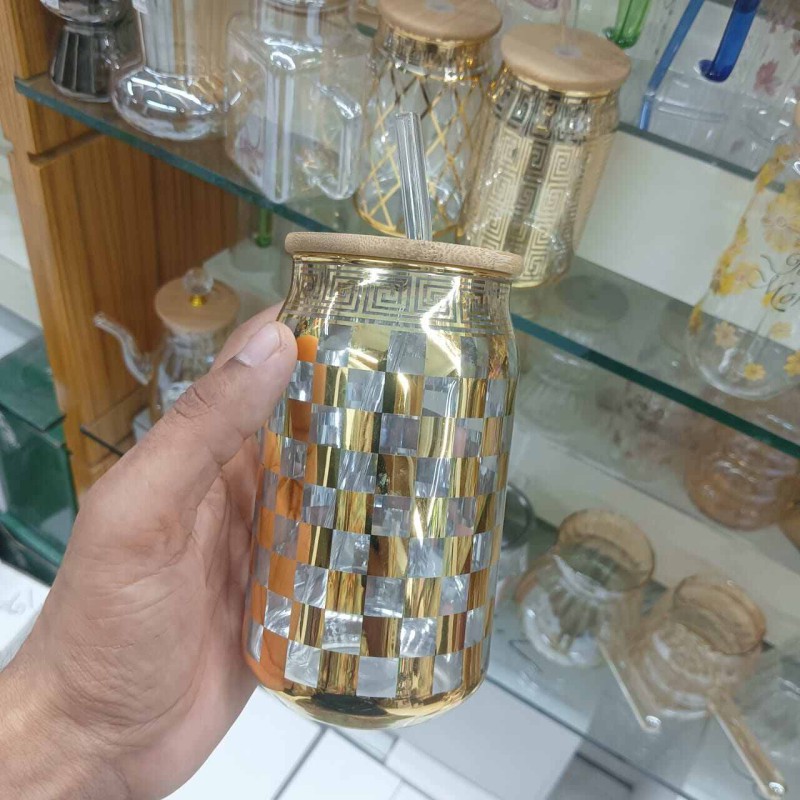 Picture of Durable & Stylish Glass Tumbler – 1Pc 400ml Can Shaped Borosilicate Glass with Printed Body, Bamboo Lid & Glass Straw – Lightweight, Scratch Resistant & Microwave Safe-Golden