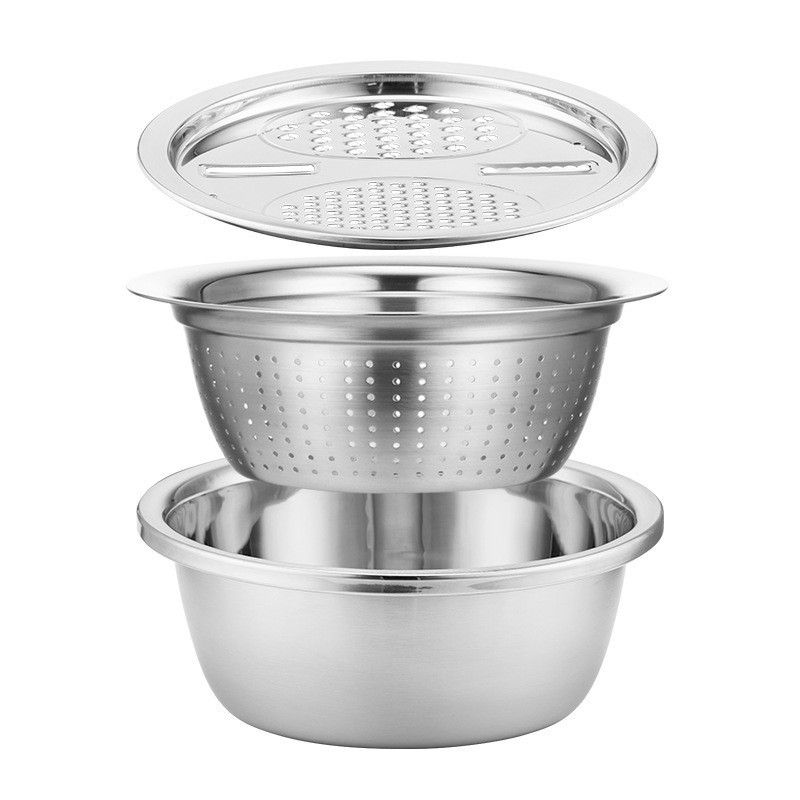 Picture of Kitchen Multipurpose Grater with Drain Basket 3 In 1 Multifunctional, gratter , strainer and bowl Stainless Steel Basin Vegetable Cutter Salad Maker Bowl-Silver