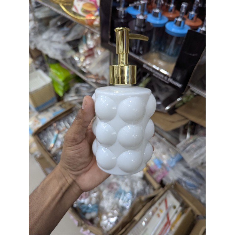 Picture of Modern Luxury White Bubble Ceramic Liquid Soap Dispenser with Elegant Gold Pump for Bathroom and Kitchen Decor, Refillable 300ml Stylish Hand Wash and Lotion Bottle for Premium Interior Aesthetics and Hygiene.-White