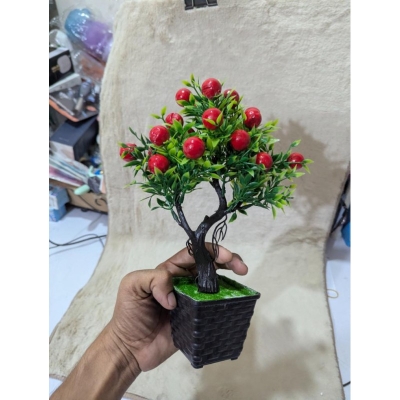 Picture of Decorative Artificial Potted Bonsai Fruit Tree with Realistic Red Apples and Green Foliage for Home and Office Tabletop Decor-Multicolor