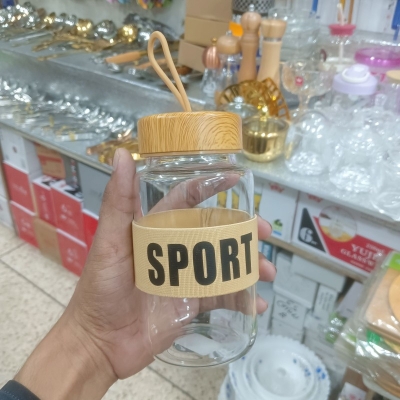 Picture of Clear Glass Sport Water Bottle with Wooden Lid and Light-Colored Band – Reusable Drinking Bottle for Water, Juice, Fitness, and Daily Hydration-Multicolor