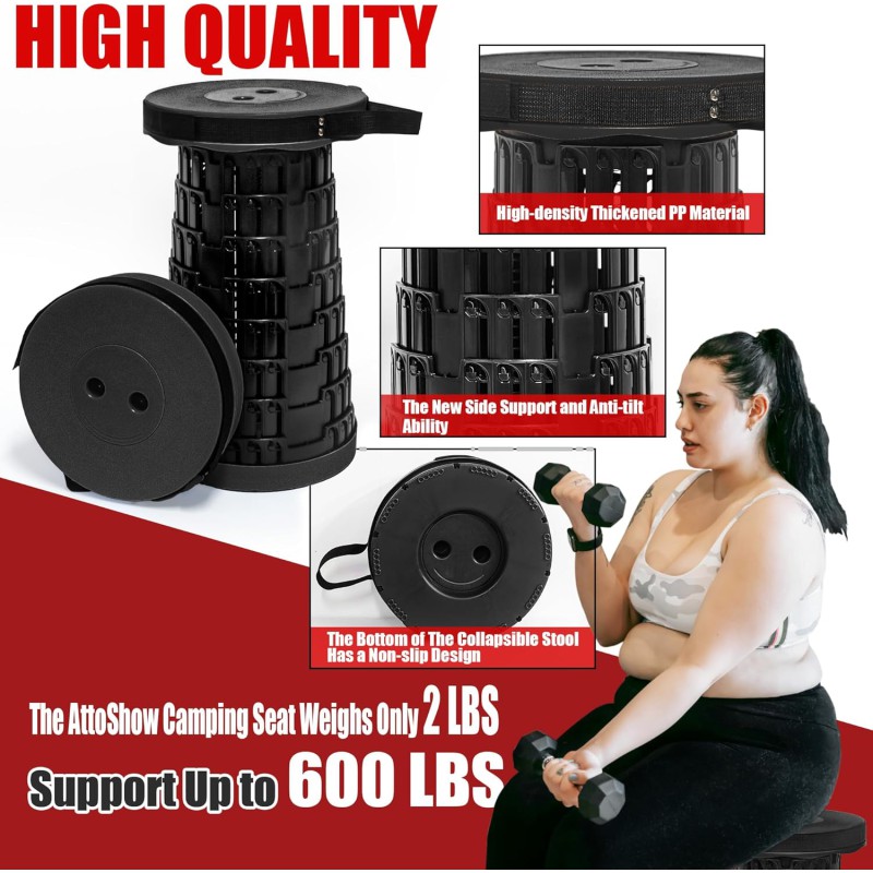 Picture of 1PCS Upgraded Collapsible Stool Thickened Portable Folding Chair for Camping Fishing Hiking BBQ Outdoor Use – Foldable Round Stool Supports Up to 500lbs, Adjustable Strip, Black Plastic-Black