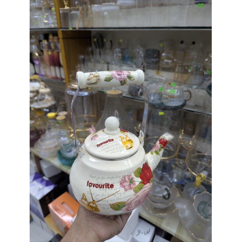 Picture of Premium Life Smile 2.5L Enamel Tea Kettle Featuring Vintage Floral Design with Heat Resistant Gold Handle for Gas and Induction Stovetops, Elegant White Porcelain Style Decorative Water Pot for Home Kitchen.-Multicolor
