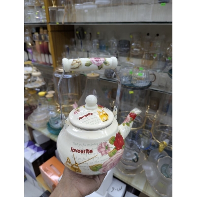 Picture of Premium Life Smile 2.5L Enamel Tea Kettle Featuring Vintage Floral Design with Heat Resistant Gold Handle for Gas and Induction Stovetops, Elegant White Porcelain Style Decorative Water Pot for Home Kitchen.-Multicolor