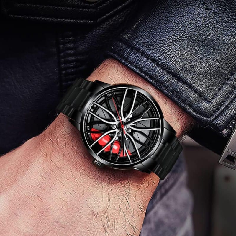 Picture of Luxury Men's Car Wheel Rim Hub Watch Featuring 3D Hollow Spinning Dial Design Japanese Quartz Movement Stainless Steel Waterproof Chronograph Sports Wristwatch Perfect Gift for Automotive Enthusiasts Racing Fans and Car Lovers.-Black
