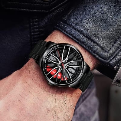 Picture of Luxury Men's Car Wheel Rim Hub Watch Featuring 3D Hollow Spinning Dial Design Japanese Quartz Movement Stainless Steel Waterproof Chronograph Sports Wristwatch Perfect Gift for Automotive Enthusiasts Racing Fans and Car Lovers.-Black