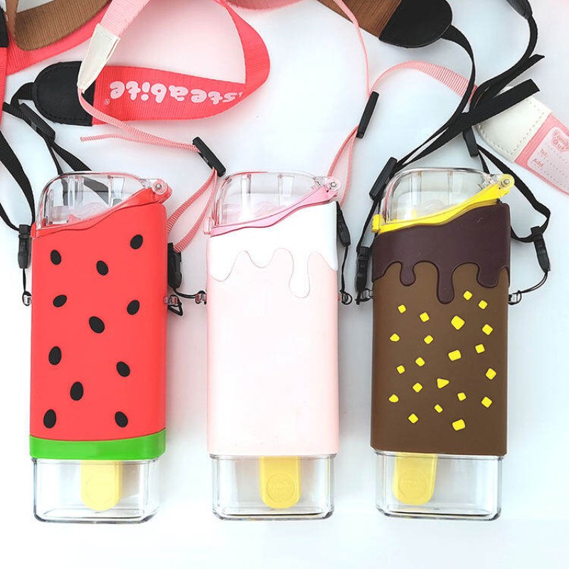 Picture of Factory Wholesale Summer Watermelon Ice Cream BPA Free Kid Portable Food Grade Children Plastic Water Bottle with Lid&Straw-Multicolor