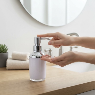 Picture of Premium 280ml multicolor acrylic round soap dispenser featuring a durable rustproof pump mechanism perfect for enhancing your bathroom vanity decor or modern kitchen sink countertop with a stylish and contemporary colorful touch.-Multicolor