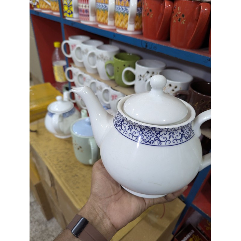 Picture of Elegant White Porcelain Teapot Featuring Intricate Navy Blue Floral Pattern for Premium Afternoon Tea Service Experiences.-Multicolor