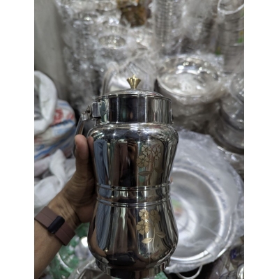 Picture of Premium Mirror Finish Stainless Steel Milk Pot Barni with Aesthetic Floral Laser Print and Elegant Brass Knob Lid, Heavy Duty 202 Stainless Steel Milk Container for Fresh Milk Storage and Transport.-Multicolor
