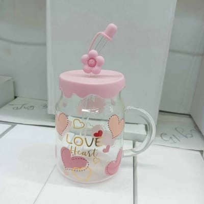 Picture of Borosilicate Glass Jar with Handle & Glass Straw | 400ml Juice Mug | Printed Body | Multi-Color | Juice & Water Drinking Glass with Silicone Cap-Pink