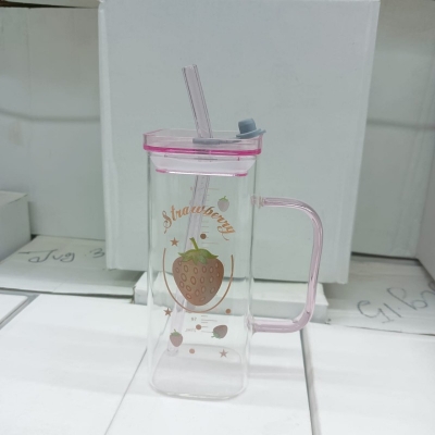 Picture of Can Shaped Drinking Glass with Printed Body – 1Pc 400ml Borosilicate Glass Cup with Bamboo Lid & Glass Straw – Microwave Safe, Scratch Resistant & Lightweight – Perfect for Iced Coffee, Coke, & More-Multicolor