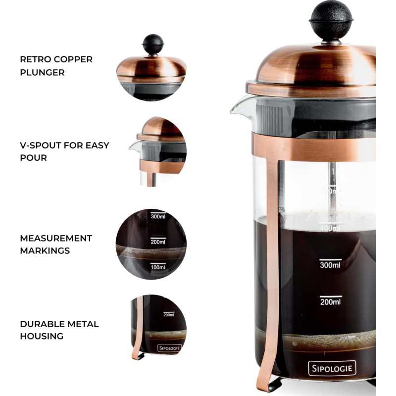 Picture of 350 ml French Press Coffee Maker, Glass Classic Copper Coffee Press, Cold Brew Heat Resistant Thickened Borosilicate Coffee Pot-Multicolor