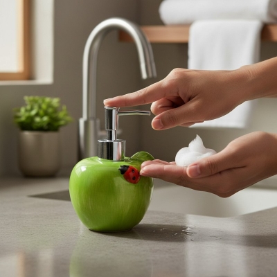 Picture of Premium green apple-shaped ceramic soap dispenser for bathroom vanity decor featuring a durable rust-proof pump and refillable liquid hand soap container designed to add a stylish touch to your modern kitchen sink.-Green