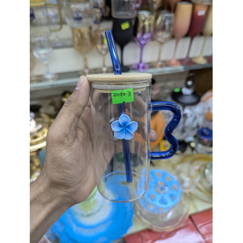 Picture of Premium Clear Square Glass Cup featuring Aesthetic Blue Wavy Handle with Natural Bamboo Lid and Matching Glass Straw, High Borosilicate Heat Resistant Transparent Drinking Mug for Iced Coffee, Juice, and Milk.-Multicolor