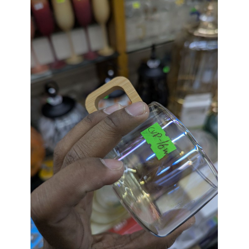 Picture of Premium Iridescent Rainbow Glass Coffee Mug crafted from high-quality borosilicate glass featuring a unique wooden handle and heat-resistant design perfect for enjoying hot tea, espresso, or cold beverages in style.-Multicolor