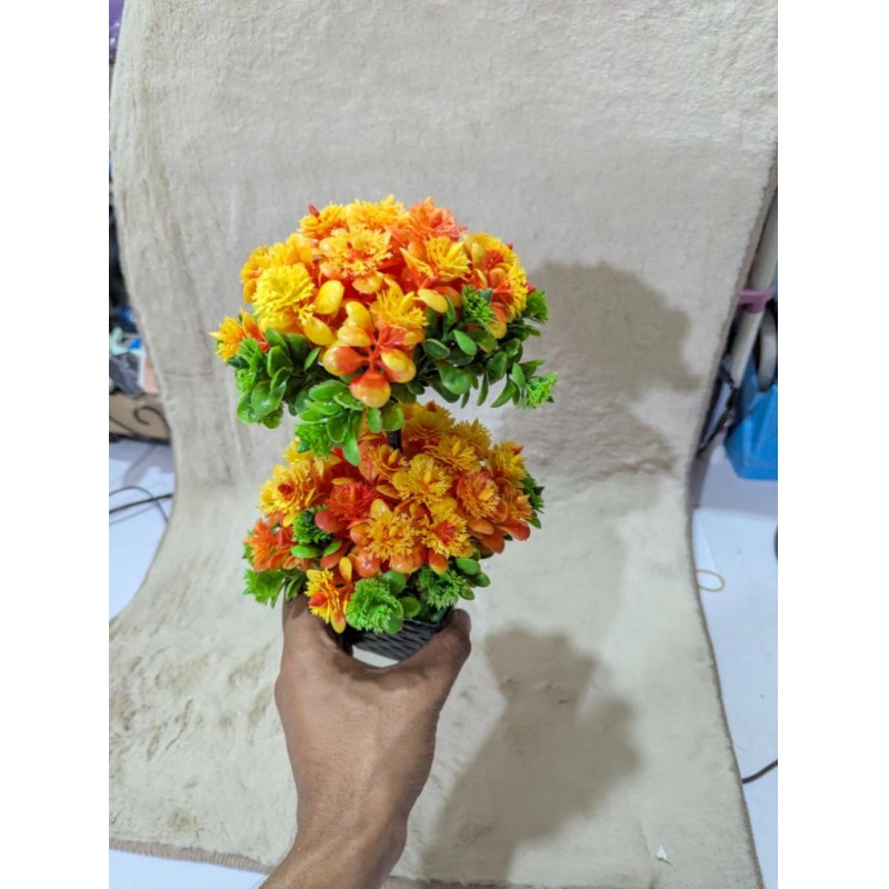Picture of Vibrant 2-Head Artificial Flower Bonsai Tree in Black Decorative Pot for Home Office Desk and Tabletop Decor-Multicolor