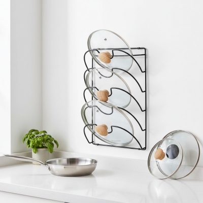Picture of Metal Wire Wall Mount Kitchen Cabinet Lid Rack and Pot Pan Cover Holder Organizer for Pantry Storage Space-Saving Vertical Lid Hanger for Organized Cookware and Durable Bakeware Storage Solution System-Black