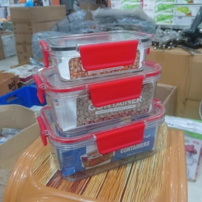 Picture of 3 pcs set 1200ml,800 ml & 300 ml Feel Fresh Rectangular PET Food Container, transparent red color lid-Multicolor