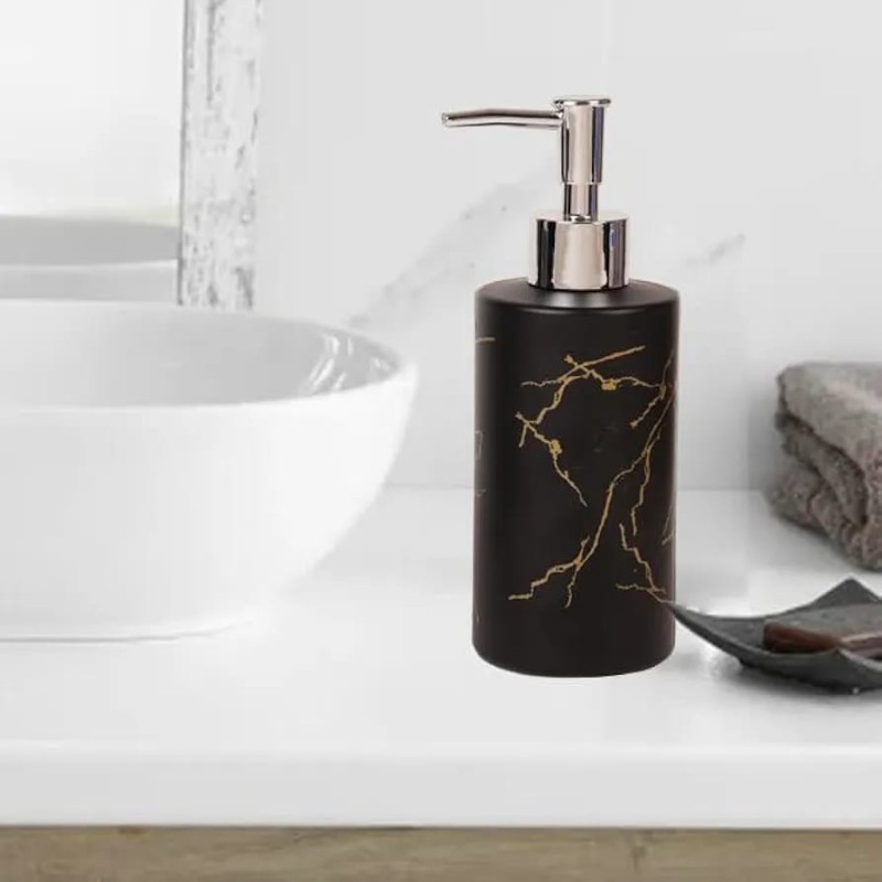 Picture of Glass Soap Dispenser Pump Bottle Press Design Refillable Lotion and Shampoo Container for Bathroom and Kitchen Marble Pattern Hand Soap Dispenser Easy to Fill and Operate 320 ml black-Black