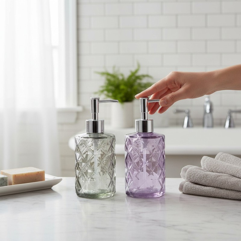 Picture of Elegant glass soap dispenser featuring a geometric diamond design in multiple colors with a premium silver-toned pump perfect for enhancing your bathroom vanity decor or modern kitchen sink countertop with style today.-Multicolor