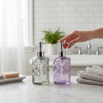 Picture of Elegant glass soap dispenser featuring a geometric diamond design in multiple colors with a premium silver-toned pump perfect for enhancing your bathroom vanity decor or modern kitchen sink countertop with style today.-Multicolor