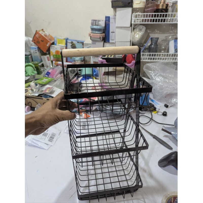 Picture of 3-Tier Black Metal Fruit Basket for Kitchen Countertop Storage with Portable Wooden Handle Sturdy Tiered Vegetable Rack Organizer Stand for Modern Home Pantry Bread Snacks and Fresh Produce Display Solution Black.-Black