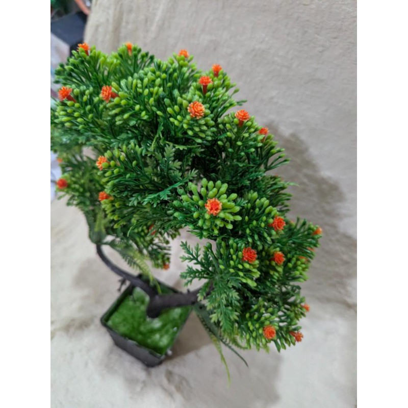 Picture of Artificial Pine Bonsai Tree in Woven Pot with Vibrant Orange Berries for Home Office Desktop and Shelf Decoration-Multicolor