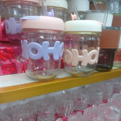 Picture of Glass Straw Cup, Portable Cute Straw Cup, Souvenir Straw Cup Drinking Cup Personalized Logo Letter Shaped blue-Purple