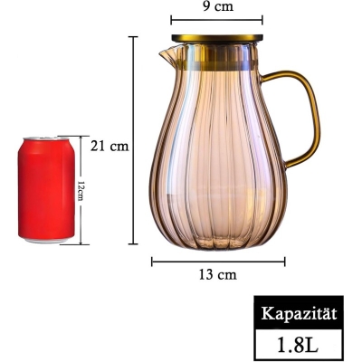 Picture of 1.8L Borosilicate Glass Carafe with Lid and Handle, Elegant Amber Striped Design, Heat-Resistant Water Jug for DIY Drinks, Juice, Tea, Milk, Refrigerator Safe, Easy-Clean Wide Mouth Pitcher-golden-golden