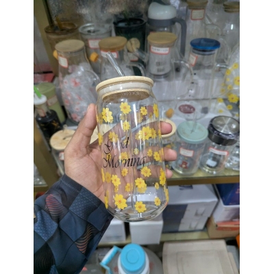 Picture of Good Morning Yellow Daisy Glass Can Cup with Bamboo Lid and Reusable Straw | 16oz 400ml Iced Coffee Mug | Aesthetic Borosilicate Drinking Glass Tumbler | Perfect for Boba Tea, Juice, Beer, Smoothies, and Water-Multicolor