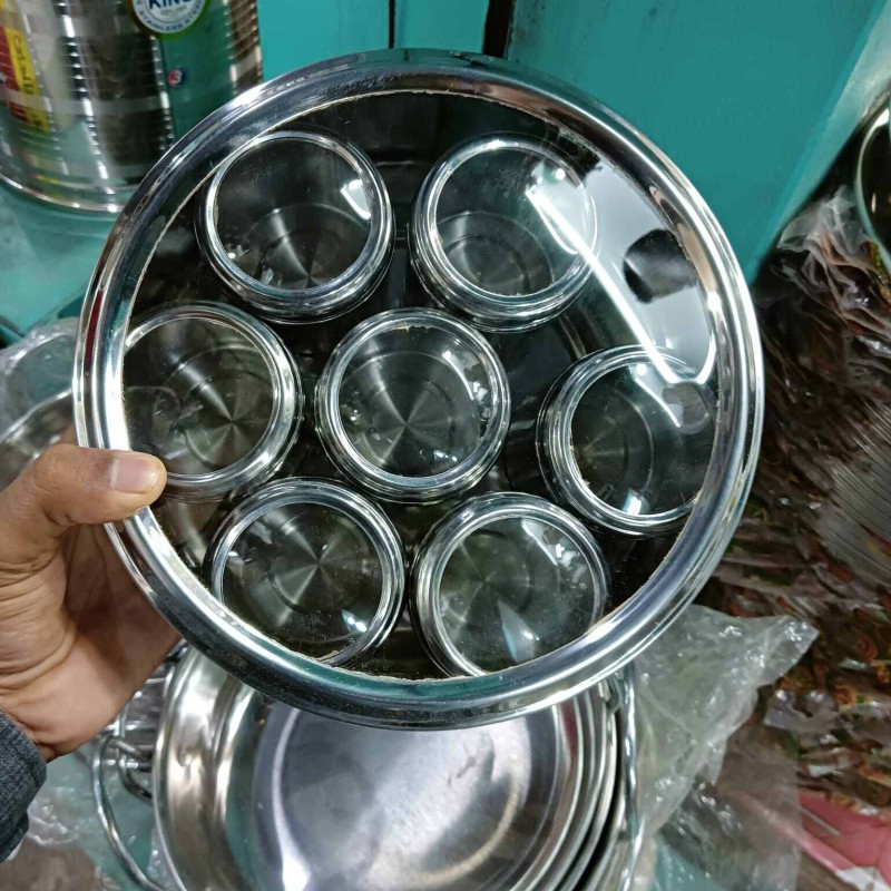 Picture of SS kitchen spice jar new spice rack new Spice Rack Stand Carousel Rotating 8 Pcs Stainless Steel Spice Jar with Glass Lid-Silver