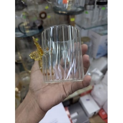Picture of Premium High Borosilicate Glass Mug Featuring Unique 3D Amber Butterfly Design and Elegant Vertical Stripes with a Comfortable Colored Handle Perfect for Hot Tea Coffee and Stylish Home Decor Aesthetic Kitchenware.-Multicolor