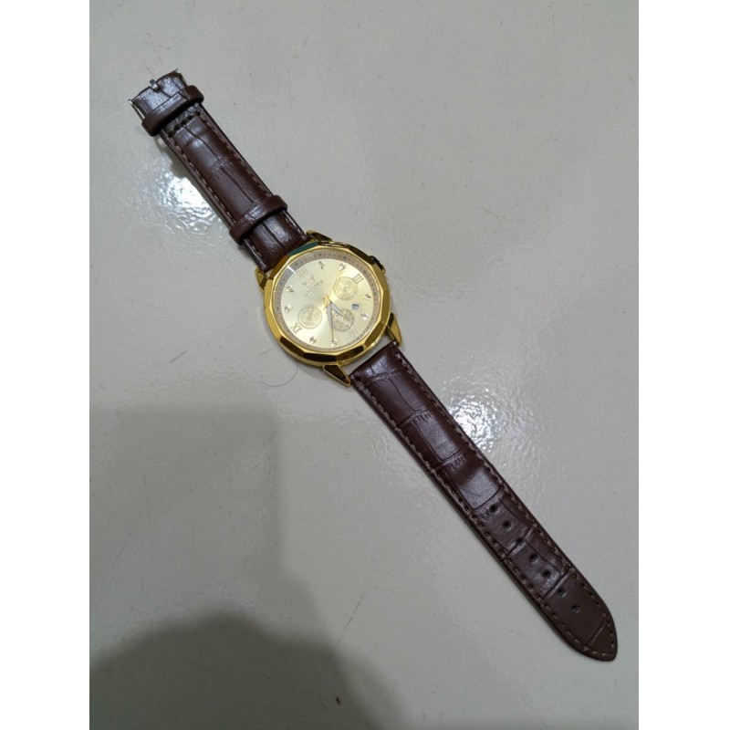 Picture of New Men’s Business Watch Gold Case Black Face Design Brown Leather Strap Quartz Analog Movement Water Resistant Construction Three Decorative Dials Calendar Display Premium Quality Men’s Fashion Accessory for Unique Style.-Multicolor