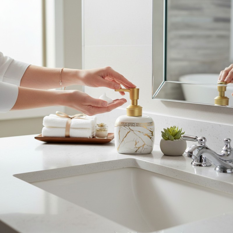 Picture of Luxury white marble ceramic soap dispenser featuring a stunning gold Greek key pattern around the neck and a premium gold pump perfect for enhancing your sophisticated bathroom vanity or modern kitchen decor.-white