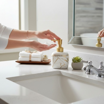 Picture of Luxury white marble ceramic soap dispenser featuring a stunning gold Greek key pattern around the neck and a premium gold pump perfect for enhancing your sophisticated bathroom vanity or modern kitchen decor.-white