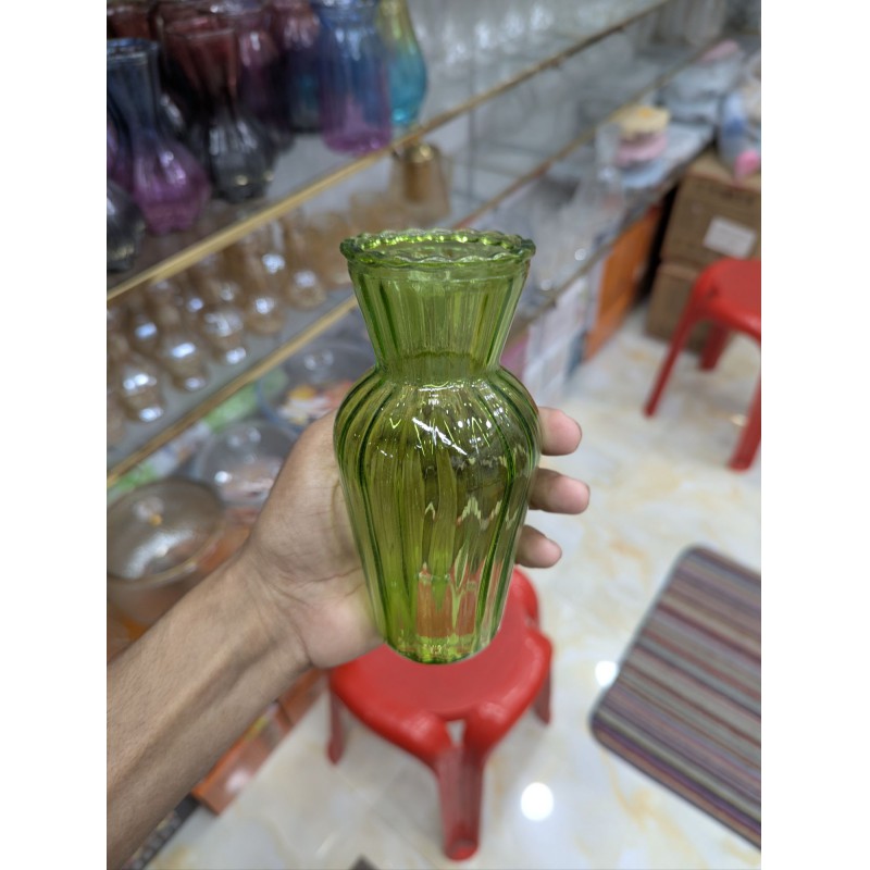 Picture of Elegant Vintage Olive Green Fluted Glass Bud Vase Featuring Scalloped Rim and Vertical Ribbed Texture, Decorative Small Floral Container for Home Decor, Wedding Centerpieces, and Sophisticated Antique Style Handblown Glassware Display.-Multicolor