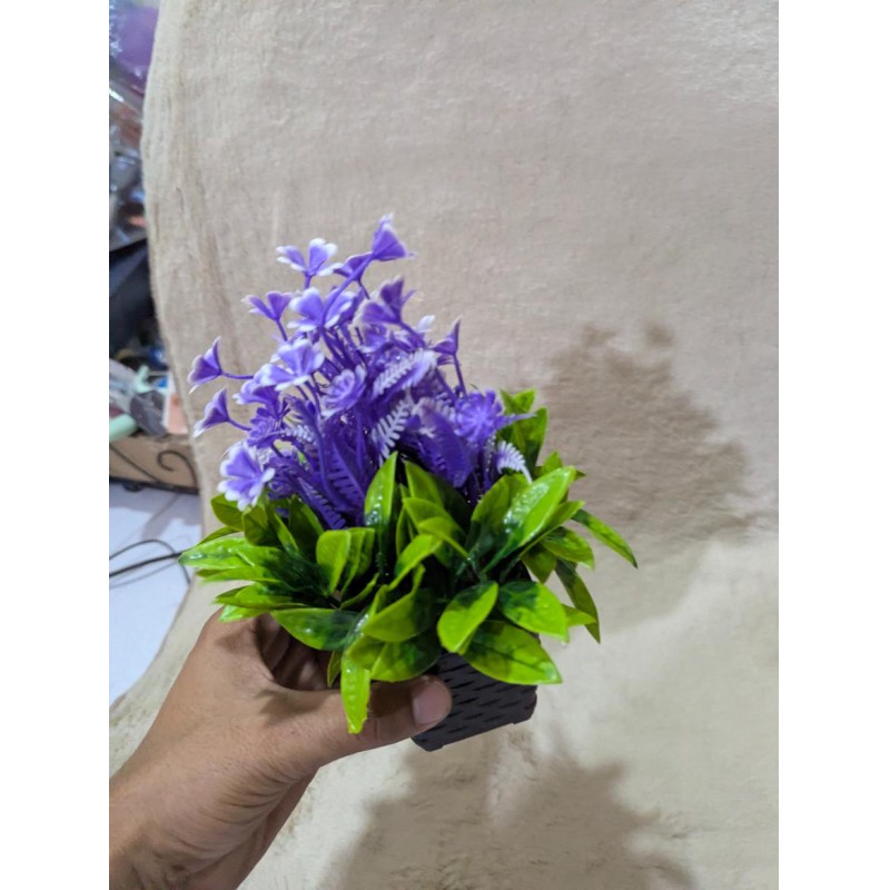 Picture of Artificial Purple Hyacinth Potted Plant with Vibrant Green Leaves in a Decorative Black Square Pot for Home Decor-Multicolor
