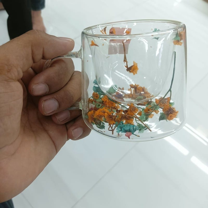 Picture of Glass Coffee Mugs | Insulated Glass Mugs with Handle | Layer Flowers Design Clear 180ml Coffee Cup for Tea Bag, Beverage, Latte, Cappuccino, Coffee-Multicolor
