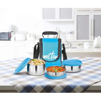 Picture of Milton Tasty 4 Stainless Steel Lunch Box with bag, light blue 3 in 1. 200,320 & 500 ml-Blue