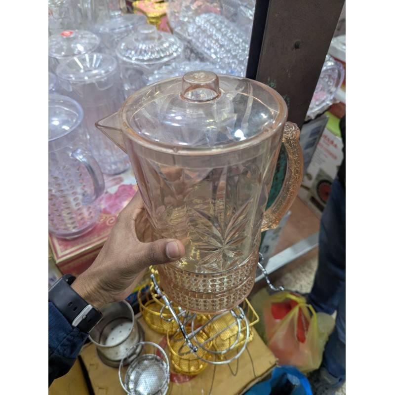 Picture of Durable Classic Crystal-Look 2L Plastic Water Jug with Lid | Premium BPA-Free Amber Beverage Pitcher for Kitchen Dining & Outdoor Entertaining | Stylish Hobnail Starburst Pattern Acrylic Design-Multicolor