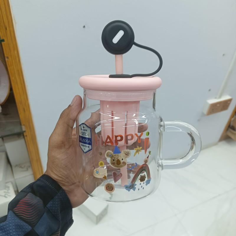 Picture of 1 pcs  Cup with Straw and silicon lid , Cute Printed Design, Food Grade Material, Heat Degree Cup, Separation Tea Filter, Standardization with Handle 950 ml-Multicolor