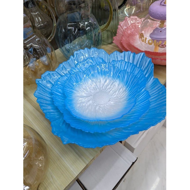 Picture of Premium Sky Blue Floral Shaped Glass Serving Bowl Set of 3 Elegant Decorative Fruit Plates and Dessert Dishes for Modern Home Decor, Festive Dining, Luxury Weddings, and Stylish Table Centerpiece Gift Item.-Multicolor